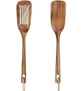 2 Pcs Wooden Spatula Set, Acacia Slotted Turner Wood Spatulas,Kitchen Flat Wood Wok Spatula,Non S...