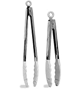 Country Kitchen Stainless Steel Silicone Tipped Kitchen Food BBQ and Cooking Tongs Set of Two 10”...