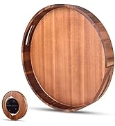 Lazy Susan Wooden Round Tray with Built-in Handles, Farmhouse Wood Serving Tray with Rotating Sys...