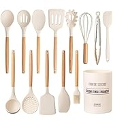 Country Kitchen Silicone Cooking Utensils, 14 Pc Kitchen Utensil Set, Easy to Clean Wooden Kitche...