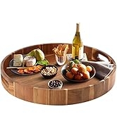 Acacia Wood Round Tray with Handles, 20.5 Inch Breafast Tray,Tea & Coffee Table Decorative Servin...