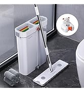 JOYBOS Mop and Bucket with Wringer Set,16'' Large Flat Floor Mop and Bucket System,4 Washable Mic...