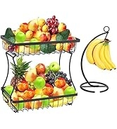 Livabber 2 Tier Fruit Basket Bowl with Banana Hanger Tree Set, Metal Wire Vegetable Storage Baske...