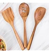 Thick Handle Wooden Spoon Utensils, Set of 3, Wooden Corner Spoons for Cooking, Acacia Wood Slott...